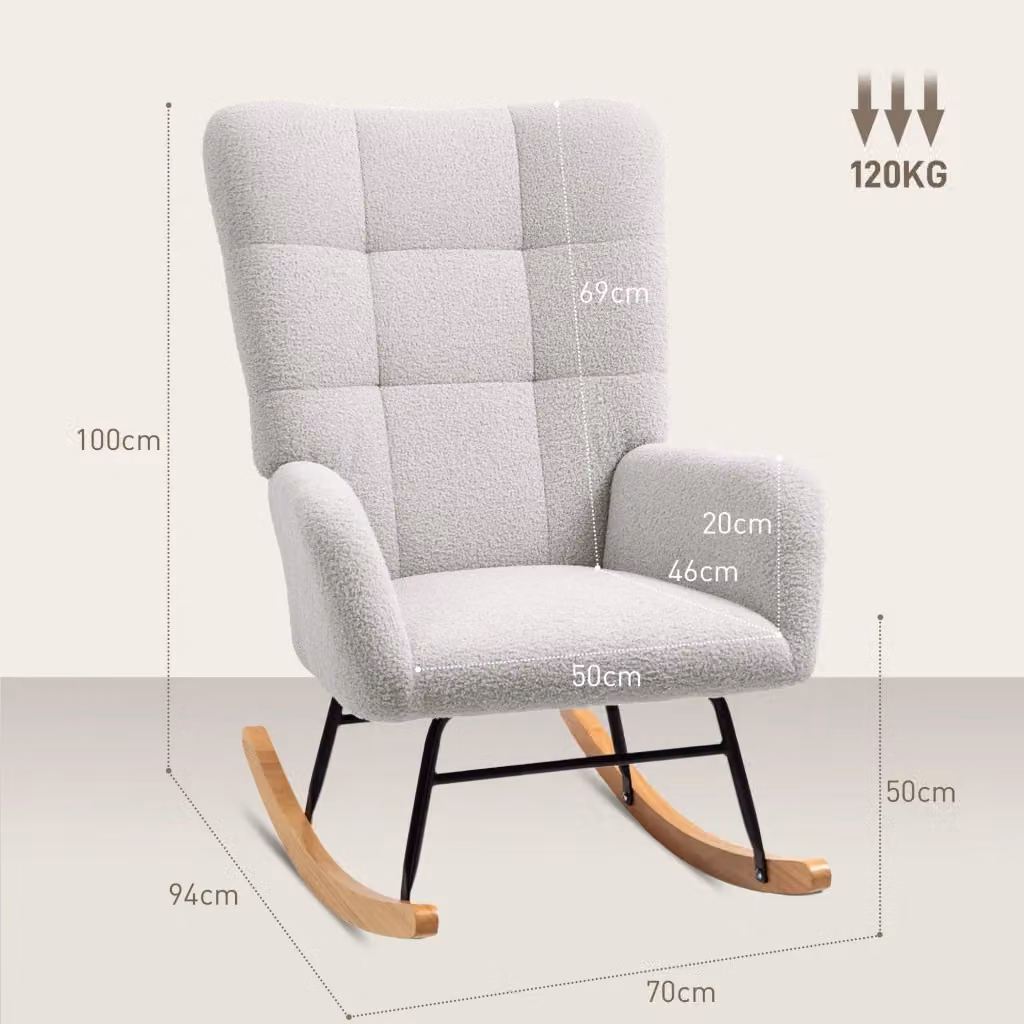 Poltrona a dondolo relax WISHDOR in tessuto bouclé grigio con braccioli e struttura in legno e metallo – 2