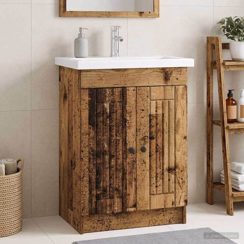 vidaXL Mobiletto da bagno sotto il lavello in legno antico marrone con ante a battente e ripiani interni