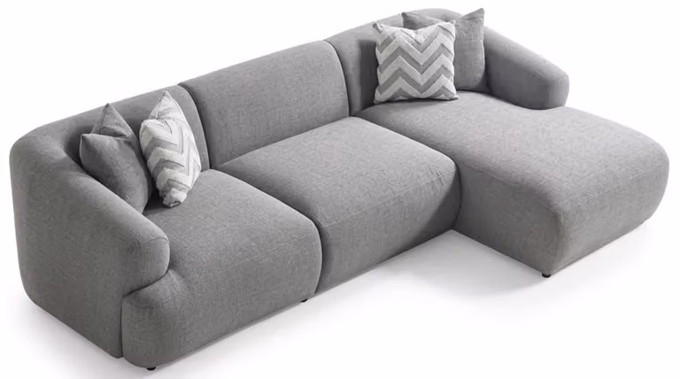 Divano ad angolo a forma di L, grigio, rivestito in tessuto, stile moderno, ideale per il soggiorno, confortevole