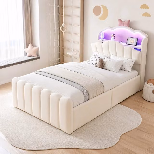 Letto per bambini 90 × 200 cm con contenitore idraulico, LED regolabile, USB e USB-C, senza materasso, beige