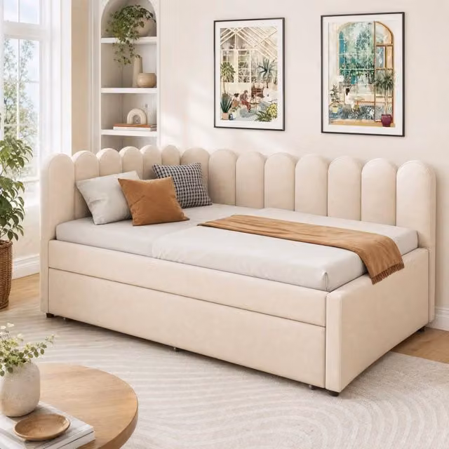 Divano letto angolare 140x200 cm in velluto beige con schienale floreale e letto estraibile