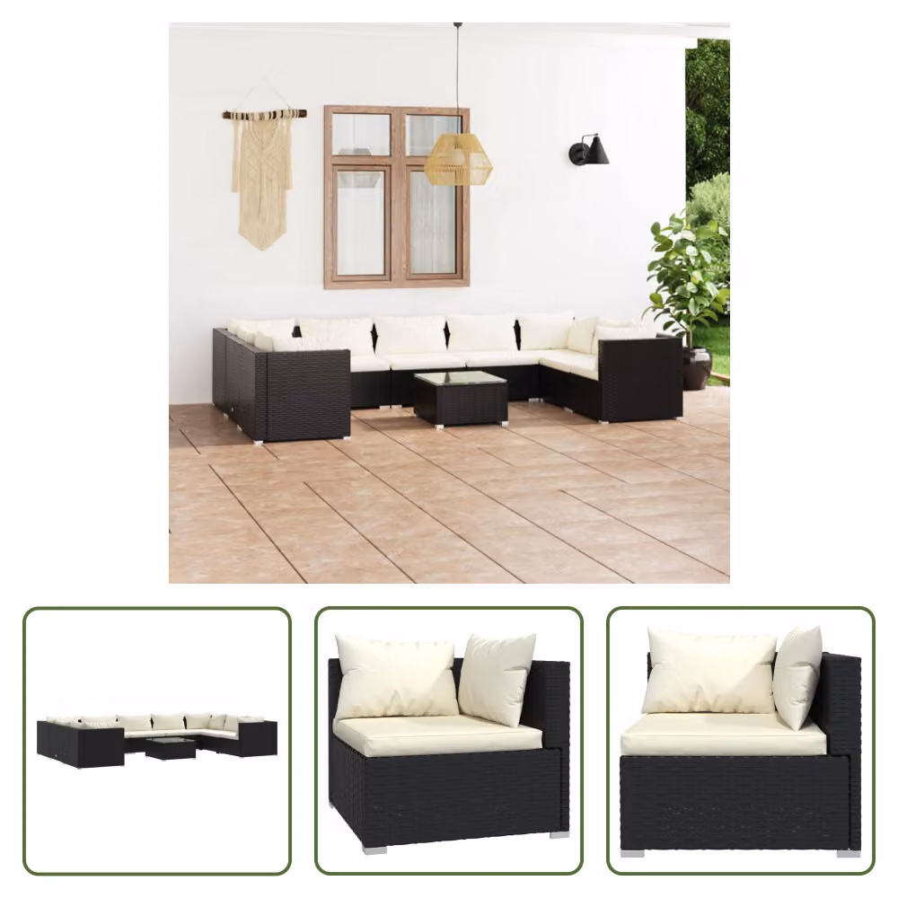 The Living Store Set da giardino da 10 pezzi con cuscini in poly rattan nero