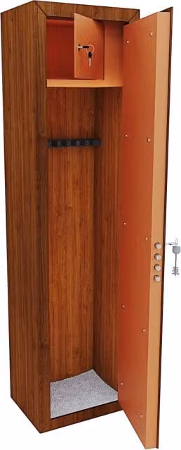 Armadio Portafucili Blindato in Acciaio con Effetto Legno Marrone, Cassetto e Tesoretto con Serratura a Doppia Mappa, L/P/H: 148 x 40 x 28 cm – 1