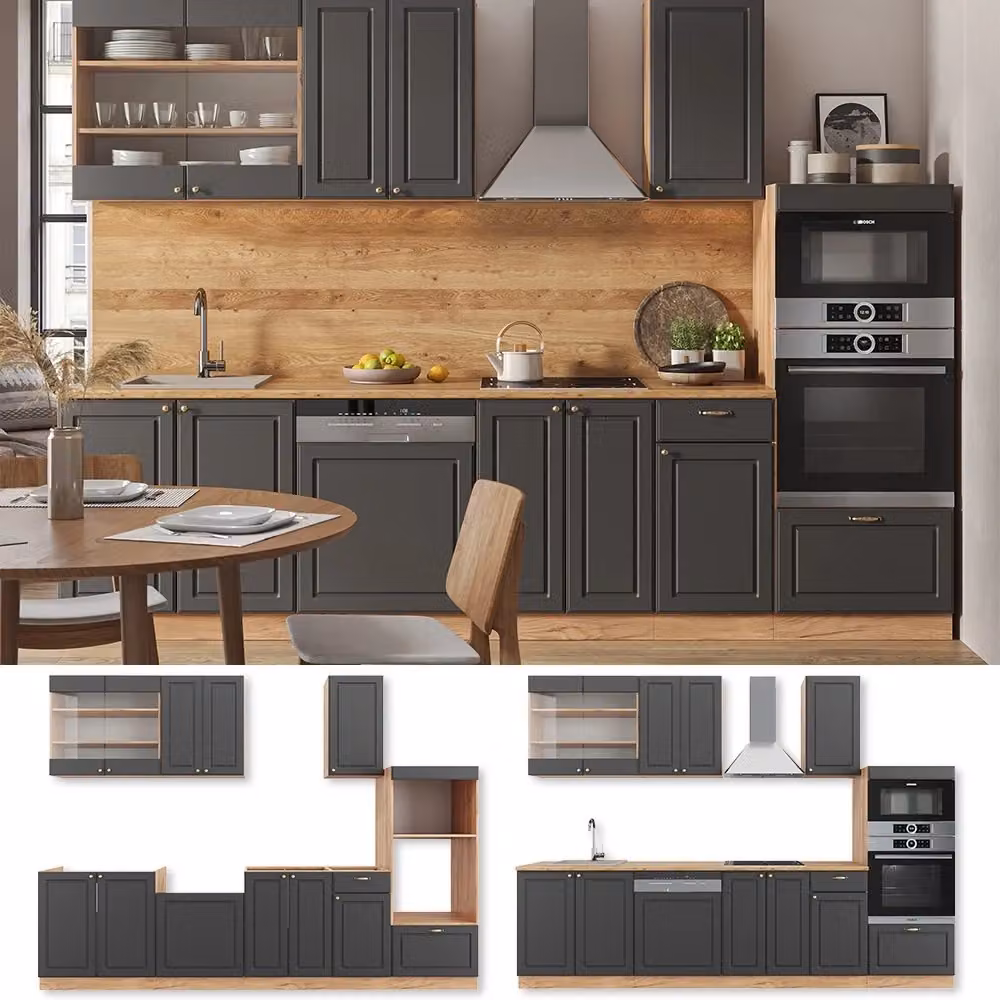Cucina componibile Vicco Fame-Line Antracite e Rovere dorato con armadio alto L: 300 cm – 2