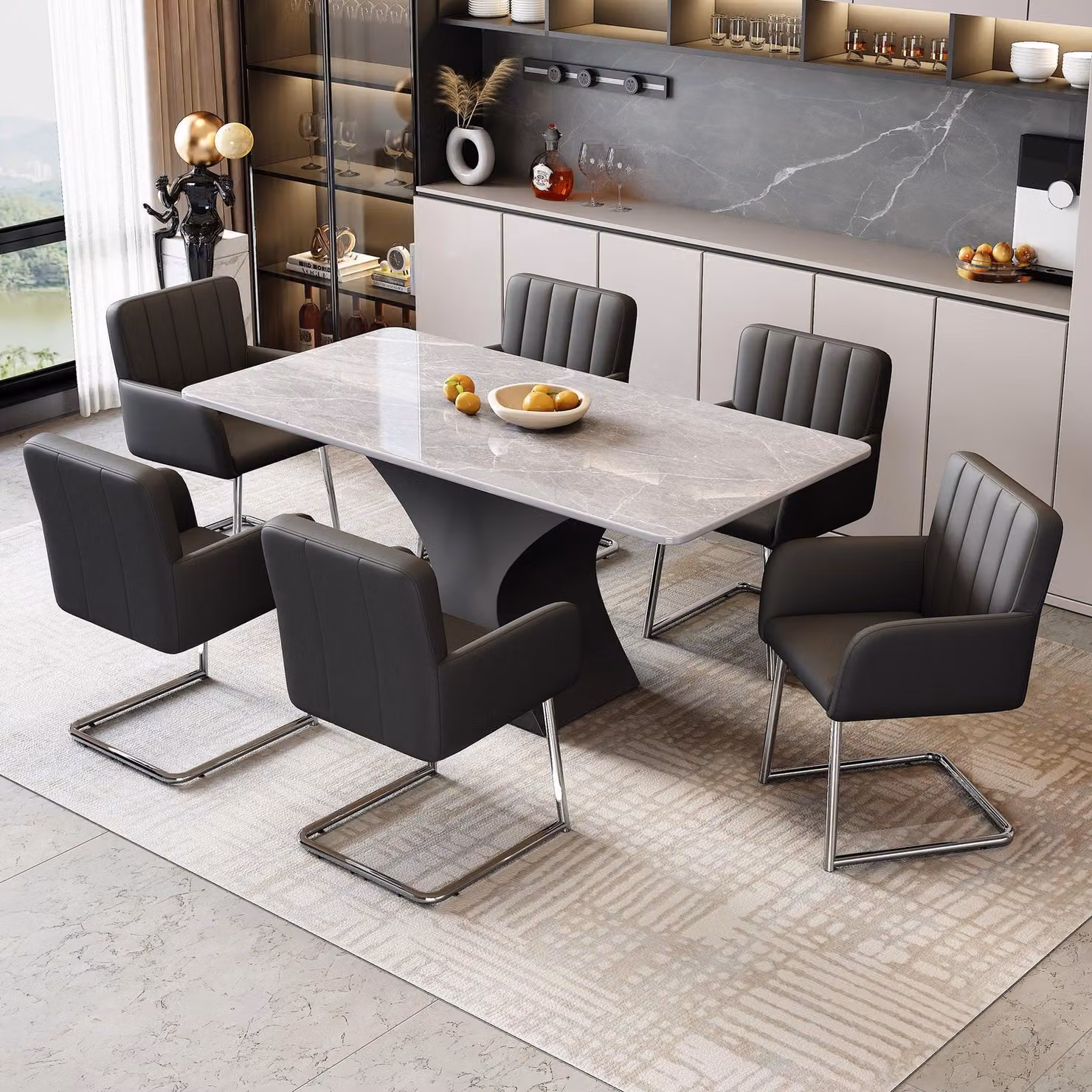 Set di sedie da pranzo - Sedie per la sala da pranzo, per l'area relax, per l'ufficio - Rivestimento in ecopelle nera - Struttura in metallo a forma di zig-zag