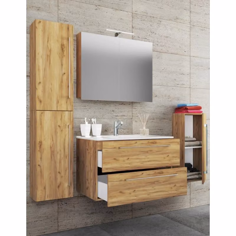 Set da bagno Ezooza composto da 5 pezzi in Rovere con lavabo XL in ceramica, mobile sospeso con 2 cassetti, colonna, mobile specchio con illuminazione LED e armadietto a muro – 2