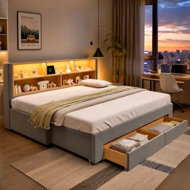 Letto estraibile REDOM in velluto grigio con cassetti, porte USB e illuminazione LED, L/P: 90 x 200 cm