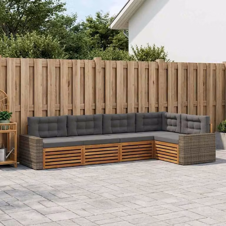 vidaXL Set di divani da esterno a L composto da 5 pezzi in legno di acacia con cuscini in poliestere antracite e beige