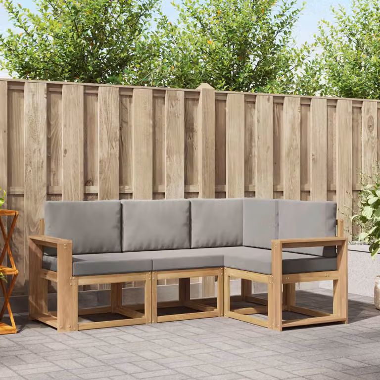 Set di divani da esterno vidaXL a forma di L composto da 4 pezzi in legno di acacia con cuscini bianchi e grigi