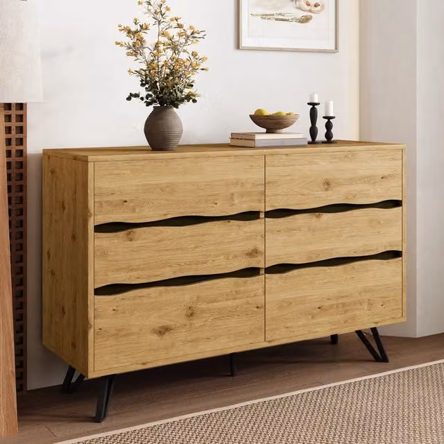 Madia REDOM moderna con 6 cassetti in effetto legno marrone e piedi in metallo nero L/P/H: 120 x 40 x 75,5 cm