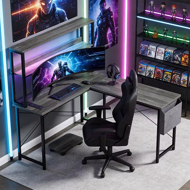 ZELURXX Scrivania da gaming a L con illuminazione a LED, prese di corrente e porte USB, grigia
