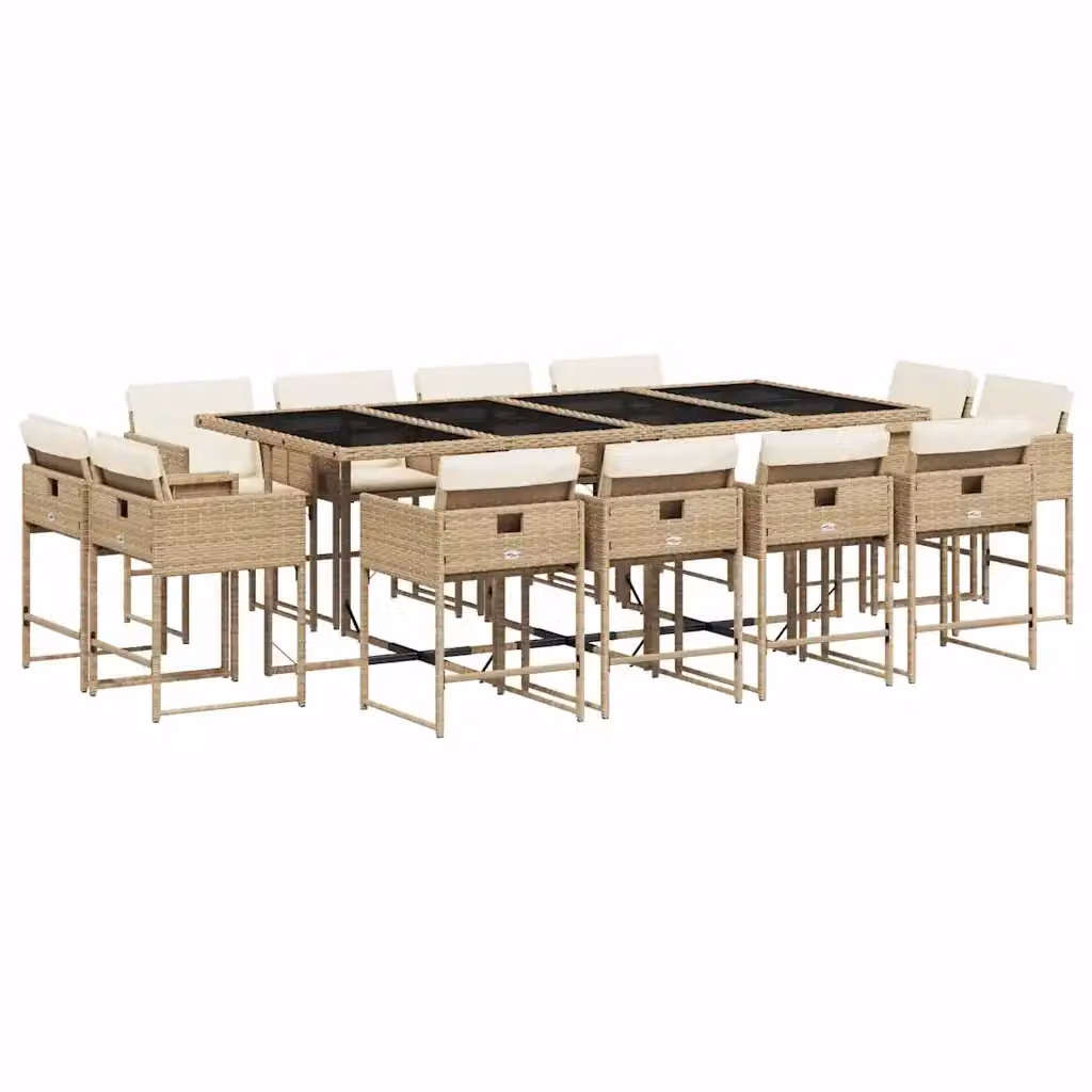 Set da Pranzo da Giardino vidaXL in Polyrattan con Cuscini Beige e Piano in Vetro, 13 pz – 2