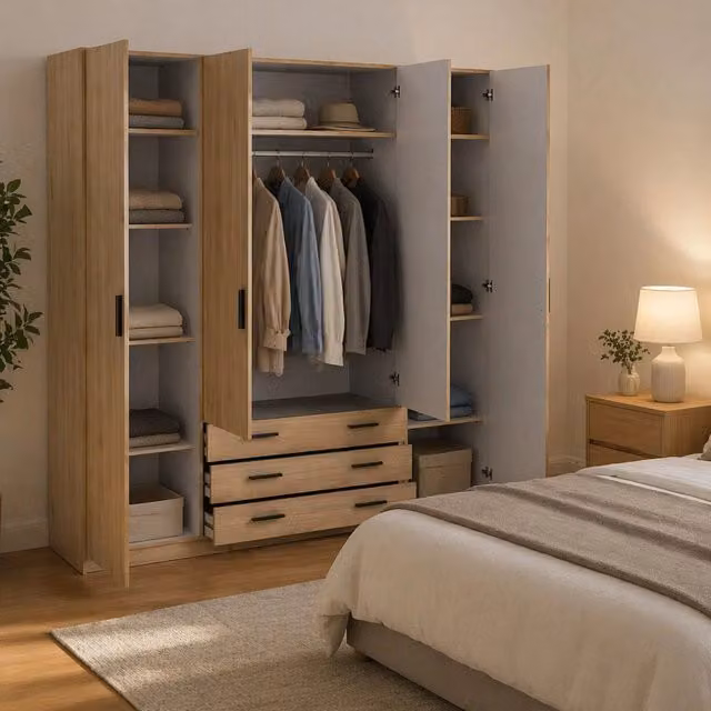 Armadio da camera da letto DMORA Epipola con ante a battente e cassetti integrati, colore Rovere, L: 196 cm, P: 50 cm, H: 200 cm