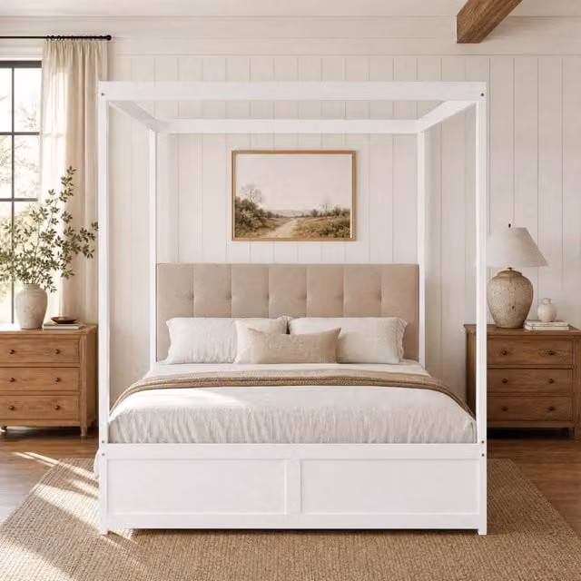 Letto per bambini a tenda 140 × 200 cm con due cassetti testiera imbottita bianco in legno