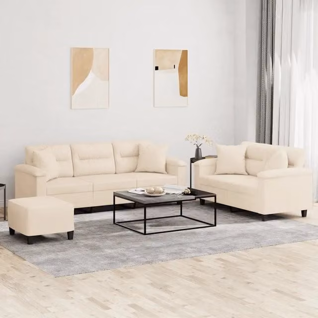 Set di Divani Moderno vidaXL in Microfibra Beige con Pouf e Cuscini per Soggiorno