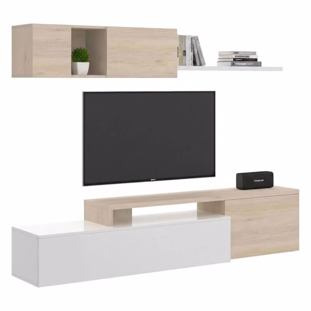 Parete attrezzata Axayazala DMORA, set da soggiorno modulare ad angolo con mobile porta TV, L: 201 cm, H: 180 cm, P: 41 cm, Bianco e Rovere – 2