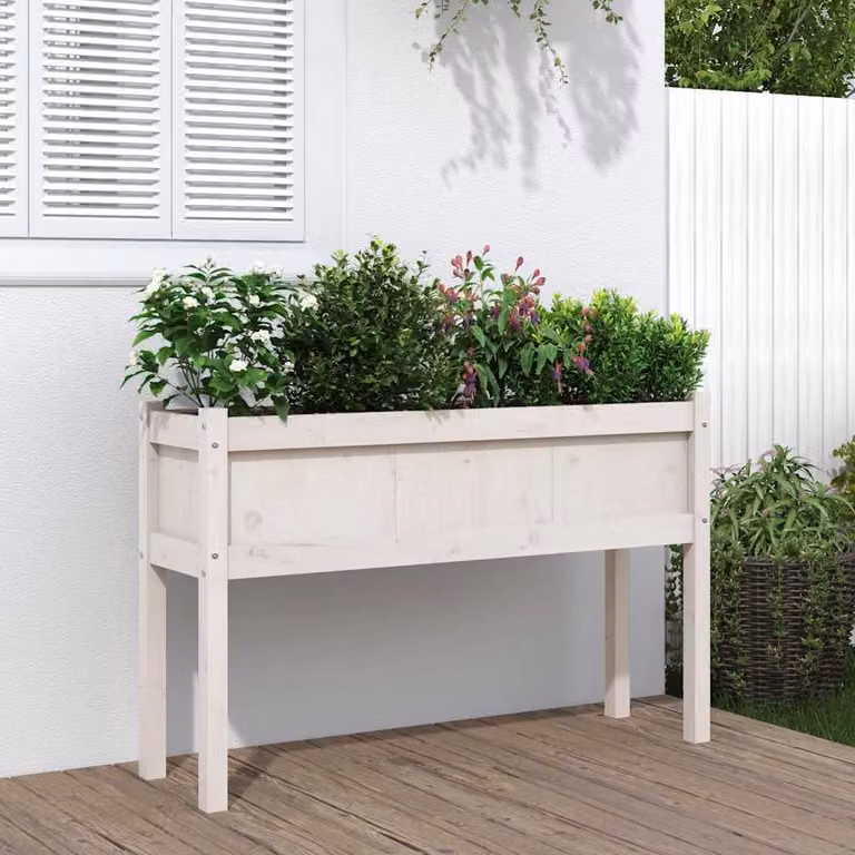 Fioriera da giardino con gambe vidaXL in legno di pino massello, colore bianco, L: 110 cm, P: 31 cm, H: 70 cm