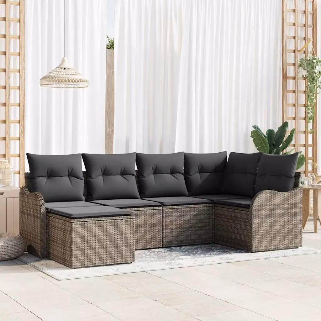 Set Divano da Giardino a L vidaXL 6 pz Grigio con Cuscini e Ottoman in Polyrattan e Metallo – 1