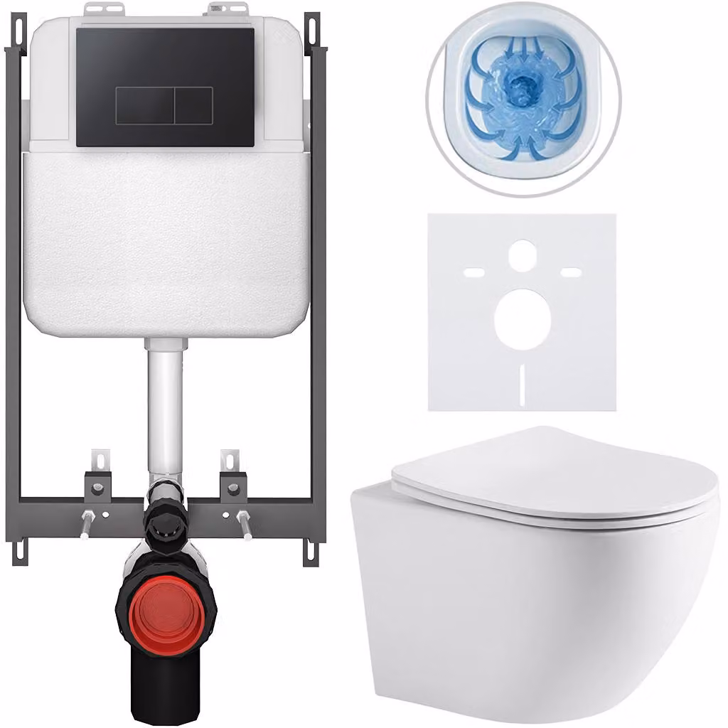 Set completo per WC a pavimento "Cesso" - bianco opaco - pulsante Prime/Modulo, nero - da incasso - 49x36 cm