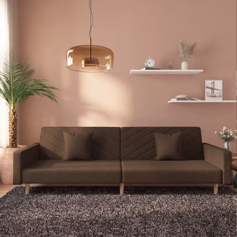 vidaXL Divano Letto Click-Clack a 2 Posti in Tessuto Marrone con 2 Cuscini e Struttura in Legno Massello