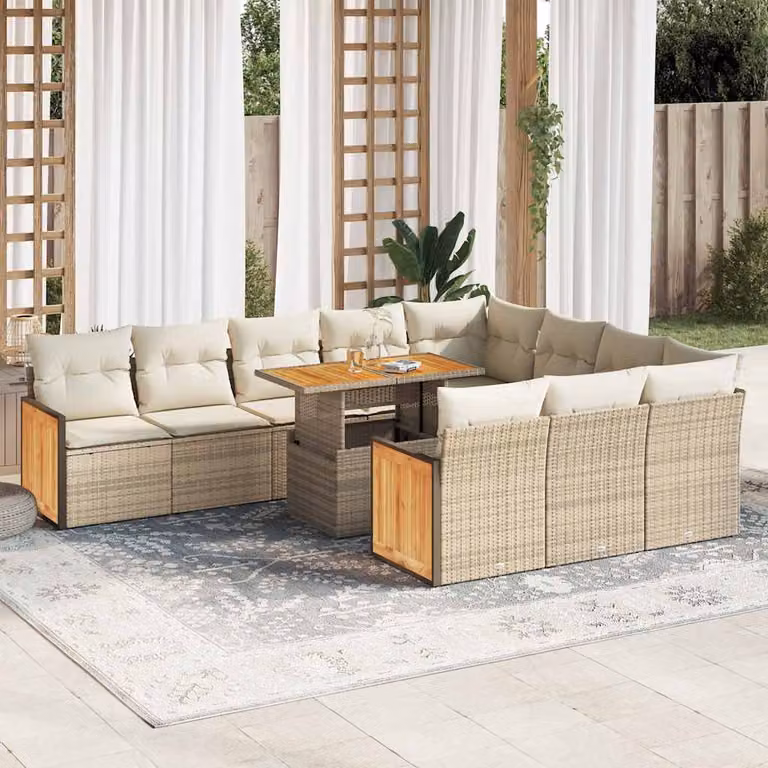 Set di divani da giardino vidaXL in polyrattan e legno di acacia con cuscini beige e tavolino da esterno, composizione a U da 11 pezzi
