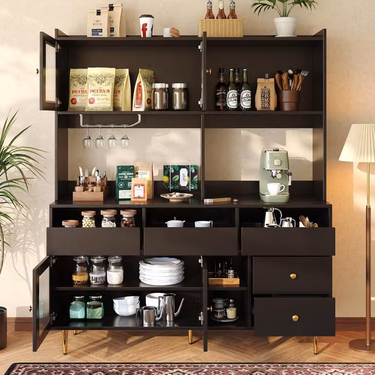 Mobiletto da cucina con ripiano per bicchieri da vino, mobiletto buffet, vetrina, dimensioni 145 x 39 x 171 cm, colore nero