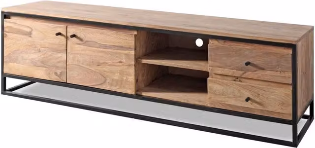 Mobile TV Nartan in legno di Sheesham marrone con 2 ante e 2 cassetti, stile industrial, L 175 cm x P 45 cm x H 50 cm