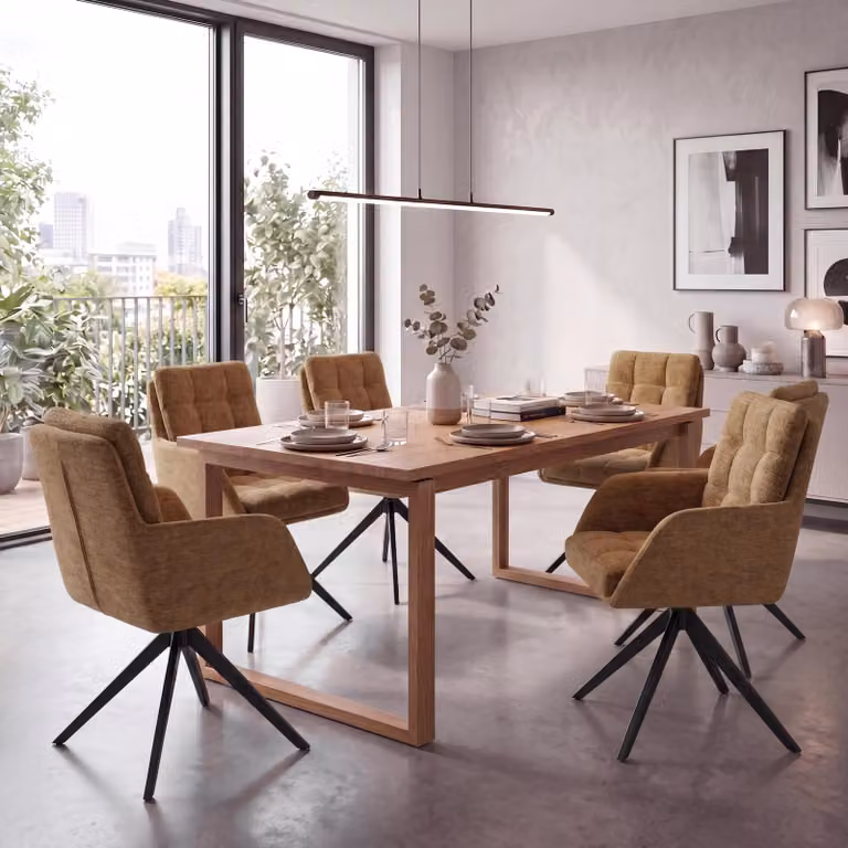 Set di 6 sedie da pranzo modello HWC-Q36, sedia girevole per cucina con sistema di ritorno automatico, rivestita in tessuto chenille (680g/m²), struttura in metallo, colore giallo senape