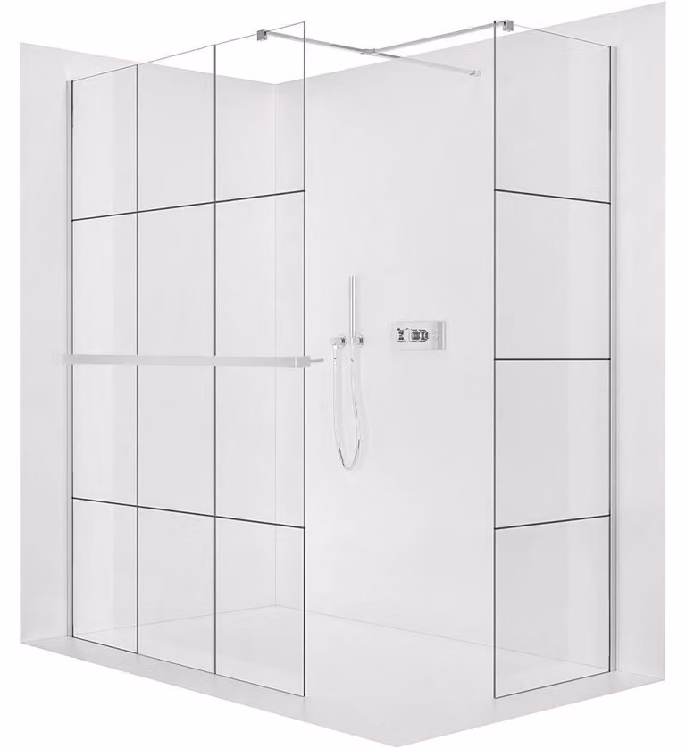 Pannello doccia angolare Walk-in Onyx T L/P - 8 mm - montante quadrato + ripiano/portasciugamani - cromo, vetro industriale - 110x90x200 cm