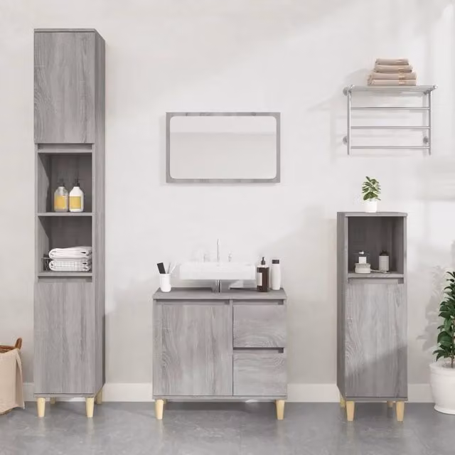 Set di mobili da bagno moderno vidaXL in legno grigio con mobile lavabo e colonna alta a parete