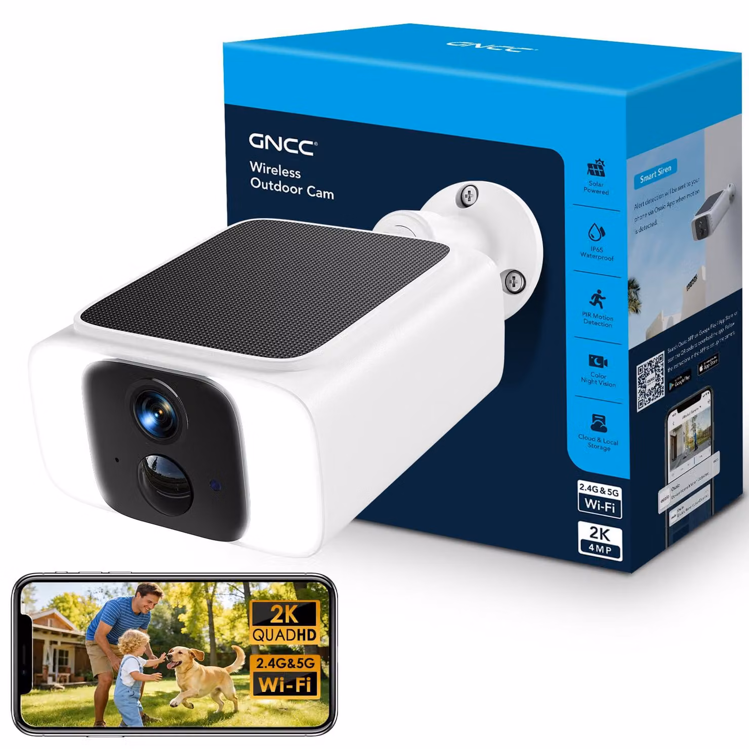 Telecamera di sicurezza solare per esterni, wireless, IP66, 4MP Full HD