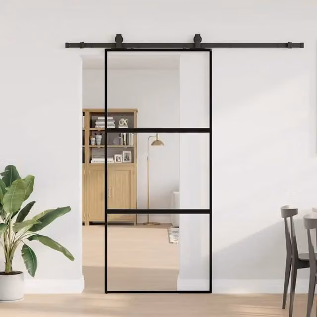 Porta Scorrevole Moderna VIDAXL in Vetro Temperato e Alluminio, Colore Nero, L: 90 cm, H: 205 cm – 1