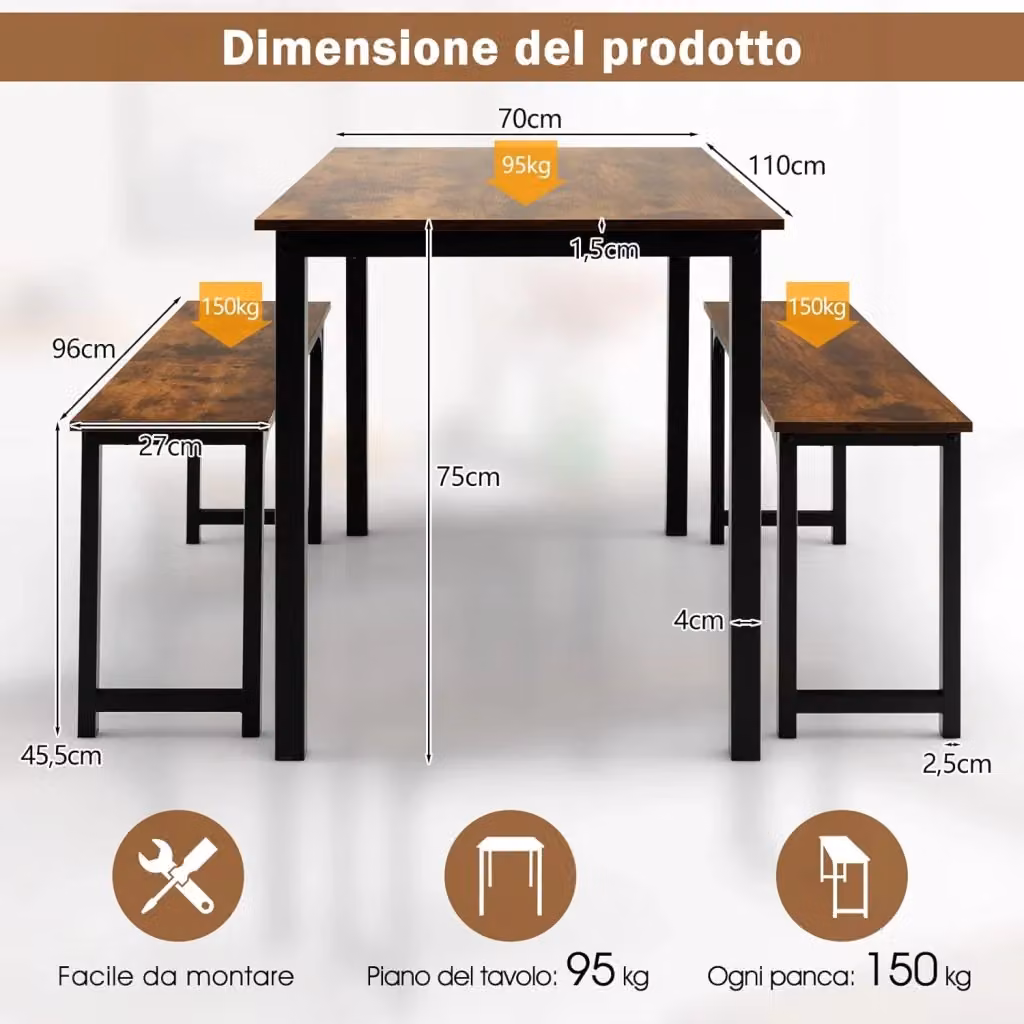 Set da pranzo moderno Costway composto da tavolo rettangolare e 2 panche in marrone e nero, ideale per cucina o sala da pranzo, L: 110 cm, H: 75 cm, P: 70 cm – 2