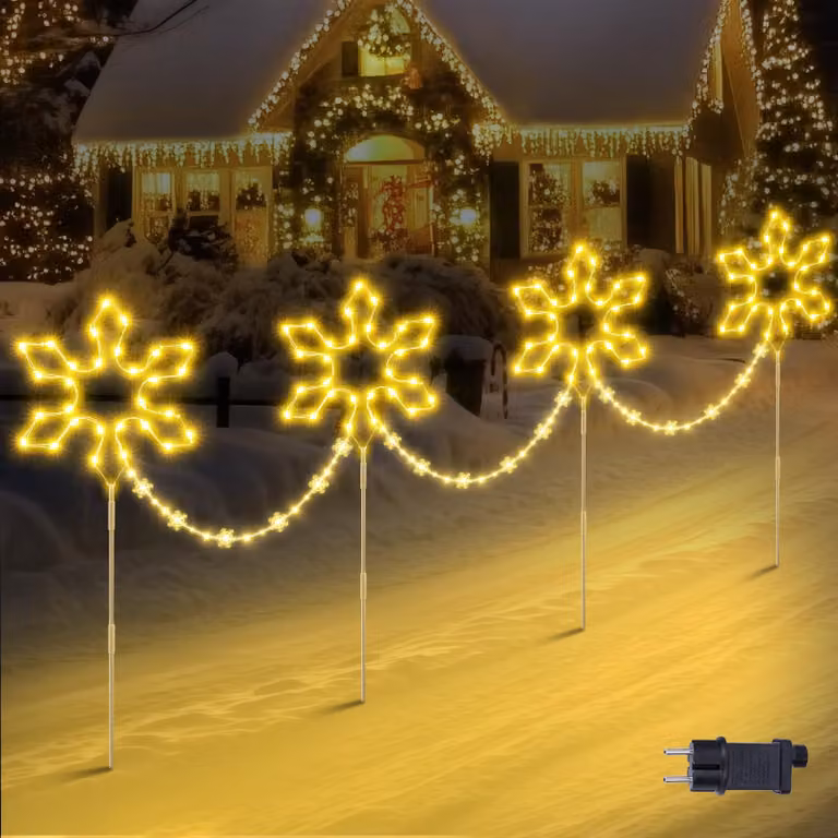 Decorazioni a LED a forma di fiocchi di neve, confezione da 4 pezzi, dimensioni 30 cm, con timer, grado di protezione IP65