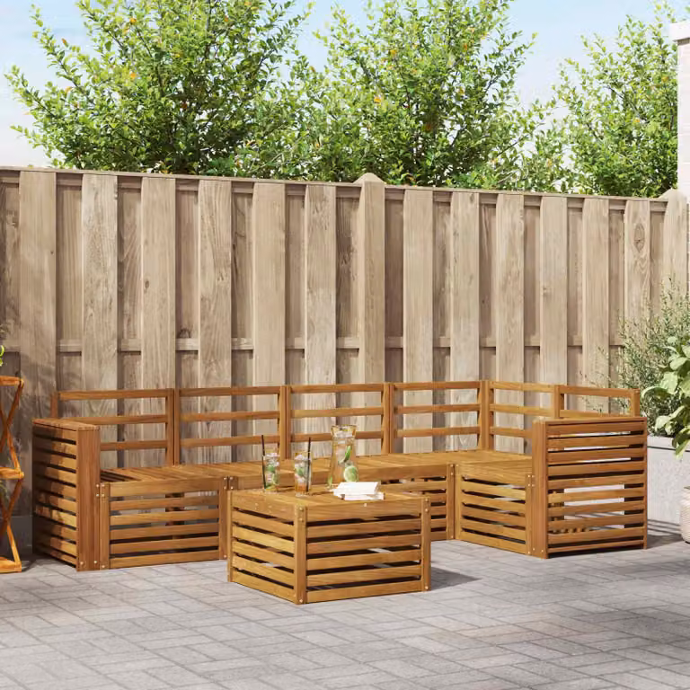 Set di divani da esterno vidaXL a forma di L composto da 6 pezzi con tavolino, in legno di acacia e tessuto resistente ai raggi UV, colore beige, bianco e marrone