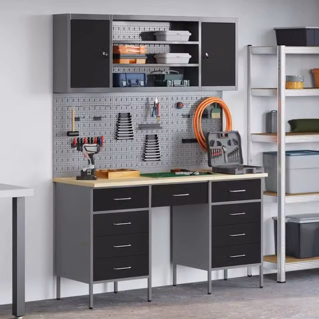 Mobile da lavoro vidaXL composto da 7 pezzi in legno ingegnerizzato e acciaio, colore nero, L: 380 cm, P: 150 cm, H: 55 cm – 1