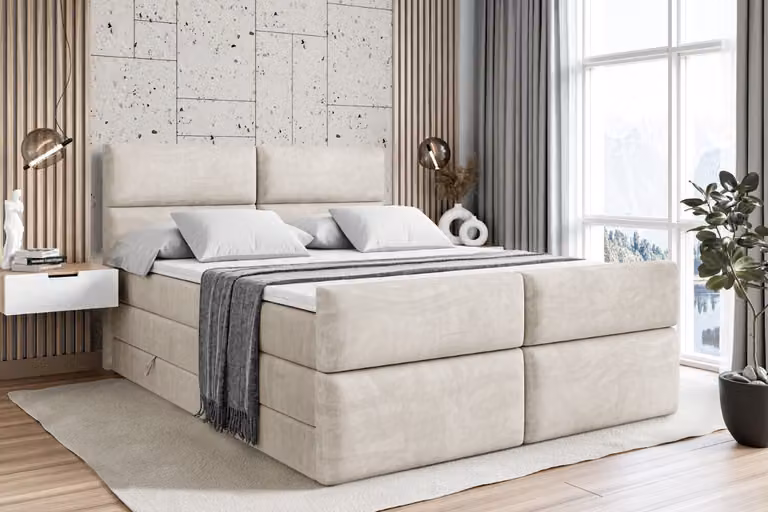 Letto boxspring ALTDECOR con pediera, 2 materassi e topper - 120x200 cm - BOXI3-Z KING - Velluto color taupe - Letto imbottito con materassi H3 e H4, contenitore e rete a doghe, letto con spazio contenitivo