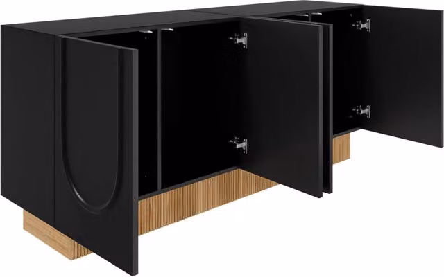 Sideboard moderno con 4 ante, struttura a U, 160x75x38 cm, finitura nera opaca e dettagli effetto legno