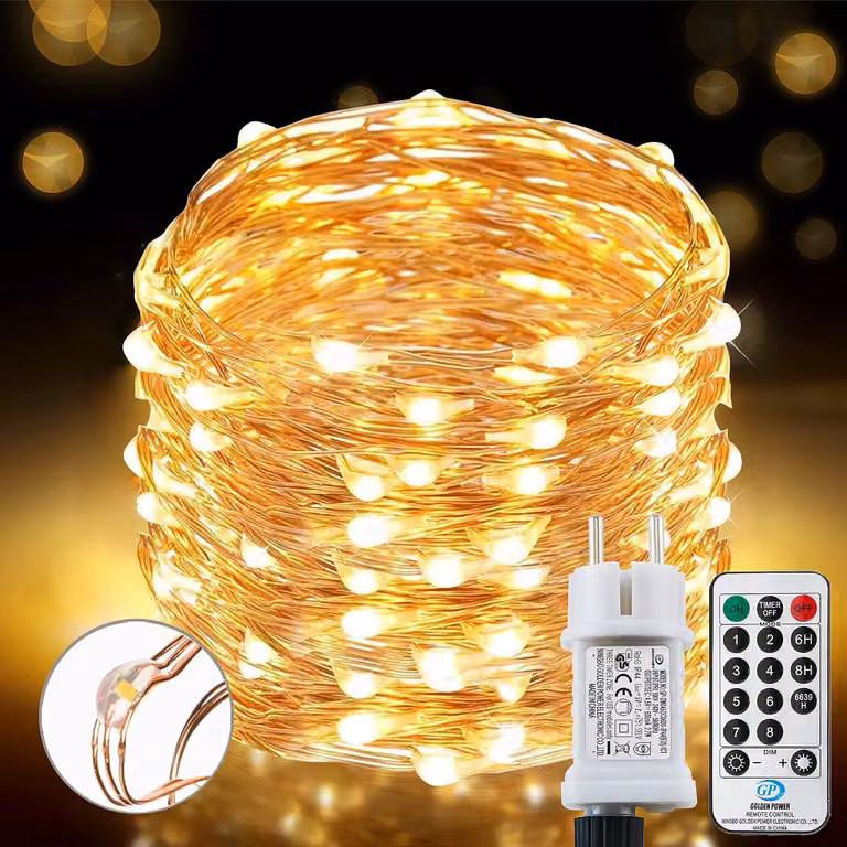 Catena luminosa da 25 metri - 220 LED - Con spina - Telecomando - Luce calda - Adatta per interni ed esterni