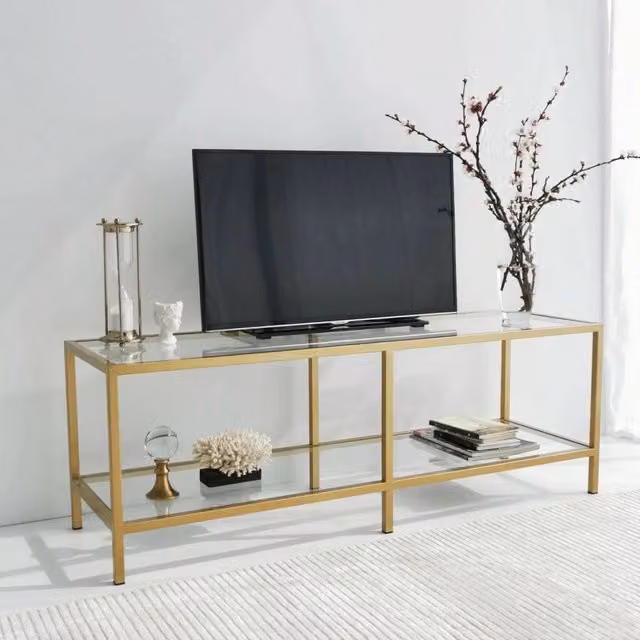 Mobile porta TV Donata DMORA, Credenza da soggiorno moderna in oro con dettagli in vetro e metallo, L: 130 cm, P: 40 cm, H: 45 cm