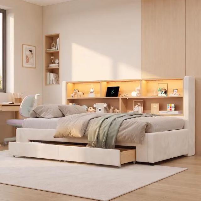 Letto estraibile 90 × 200 cm estensibile a 180 × 200 cm, con 2 cassetti, USB, LED, senza materasso, in velluto beige