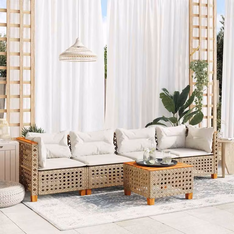 vidaXL Set Divano da Giardino a L 5 pz in Polyrattan Beige con Cuscini e Tavolino