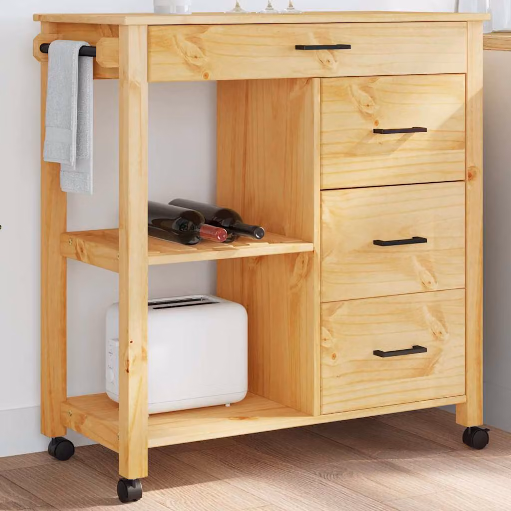 vidaXL Carrello da Cucina MONZA in Legno Massello di Pino, Colore Marrone Ambra Cera, L 84 cm x P 40 cm x H 88,5 cm