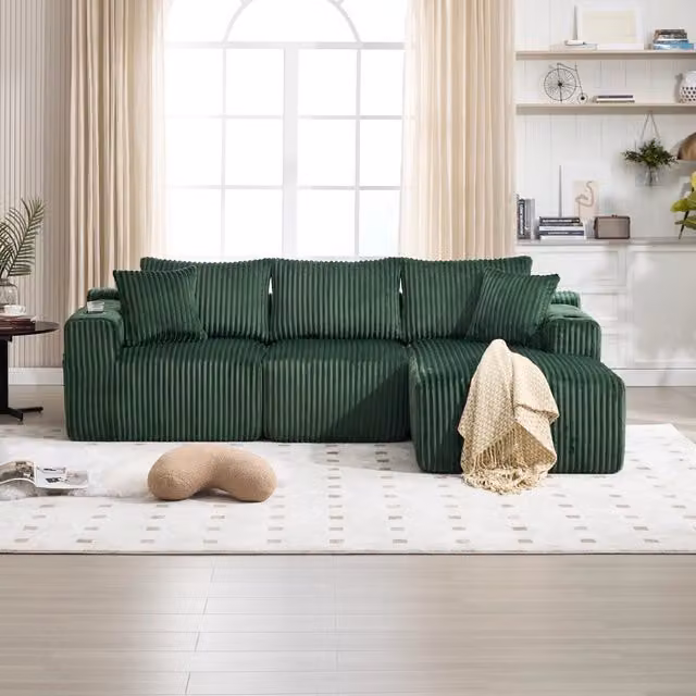 Divano modulare Mivray a L in velluto a coste verde con chaise longue, portabevande e cuscini inclusi – 1