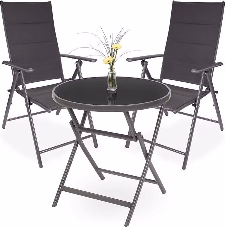Gruppo da giardino BRUBAKER Riva - 1 tavolo pieghevole in vetro rotondo 70 cm Ø con 2 sedie a schienale alto - Resistente alle intemperie - Grigio argento