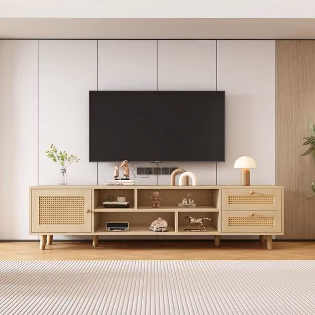 Mobile TV MINIMAL in legno e rattan color marrone e beige per soggiorno, L: 160 cm, P: 40,5 cm, H: 39 cm