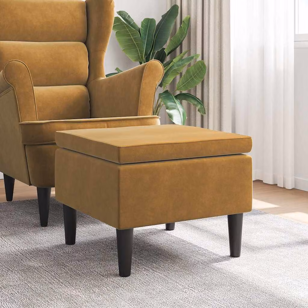 Poggiapiedi vidaXL in Velluto Marrone e Giallo con Gambe in Legno L 52 x P 42 x H 42 cm