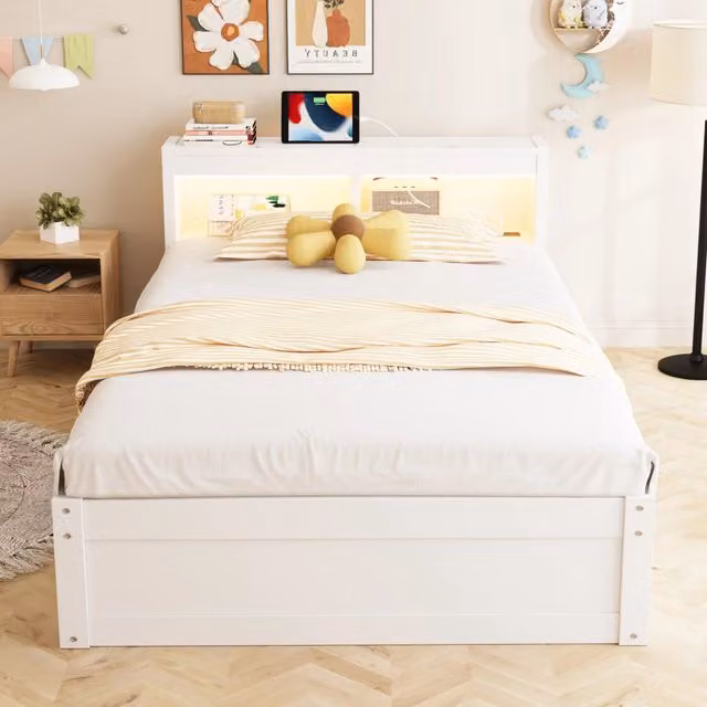 Letto divano singolo 200 × 90 cm con vano idraulico, presa integrata, LED regolabile e scomparti, senza materasso, bianco