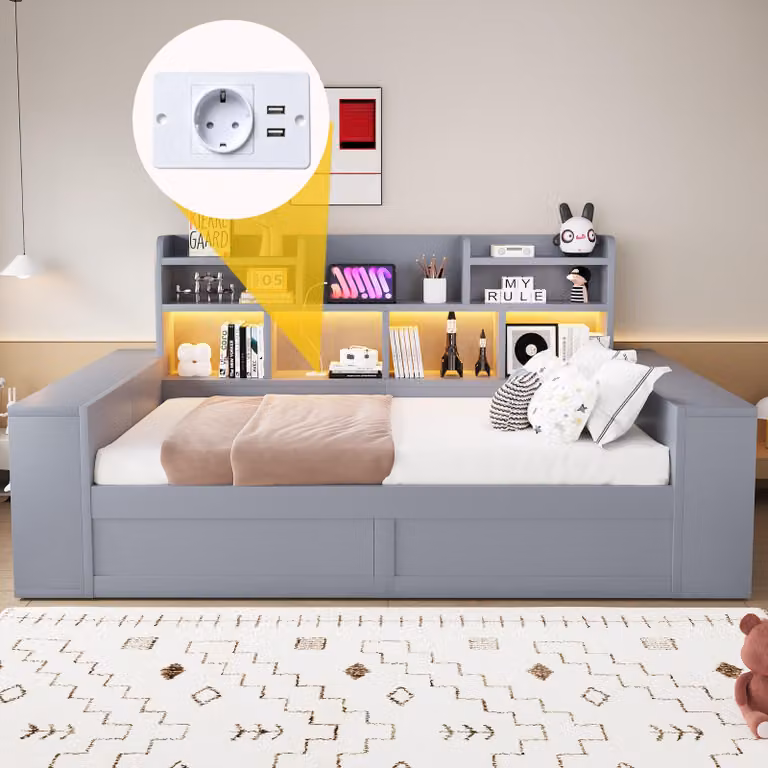 Letto a terra okwish 90x200 con illuminazione LED, porta USB e spazio contenitore integrato, letto per bambini con cassettone, letto multifunzionale grigio, senza materasso