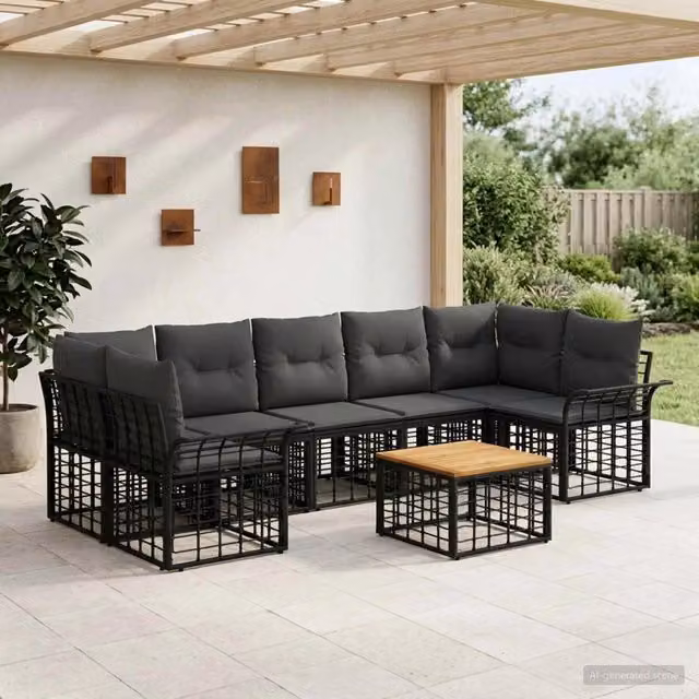 Set di divani da esterno 8 pz Nero e Grigio scuro polyrattan 3437649